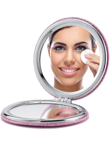OMIRO 1X/10X Magnifying Compact Mirror with PU Leather, Ultra-Portable for Purses and Travel, Round Pink - color: Pink