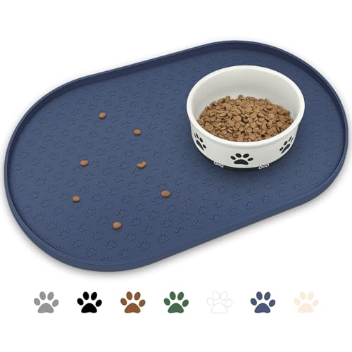 KPWACD Pet Feeding Mat for Dogs and Cats, Silicone Dog Placemat Non-Slip Waterproof Bowl Mats Prevent Food and Water Overflow, High-Lips Puppy Dish Tray Mat Suitable for Large Medium Small Pets, Navy - color: Navy Blue, size: 19"L x 12"W