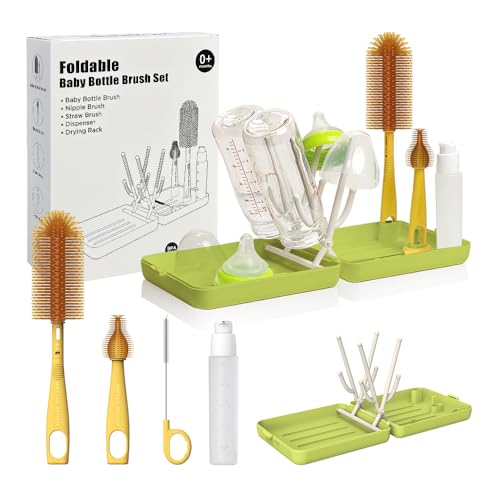 YOTIME Travel Bottle Brush, Travel Bottle Cleaner Kit with Foldable Bottle Drying Rack, for Visit Friends and Relations, Baby Travel Essentials, BPA Free, Green - color: Green