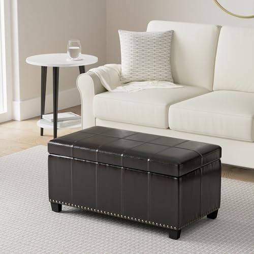 SIMPLIHOME Amelia Storage Ottoman - 33 inch Wide Vegan Leather Rectangle Storage Ottoman Bench in Tanners Brown, Transitional Ottoman for Living Room with Nailhead Trim and Lift-Up Lid - color: Tanners Brown