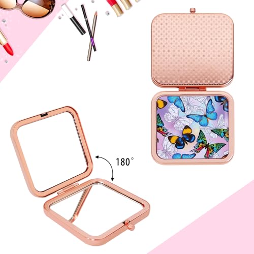 Compact Mirror for Purse, Double-Sided 1X/2X Magnifying Metal Pocket Makeup Mirrors(Square, Rose Gold Butterfly) - color: Rose Gold 14