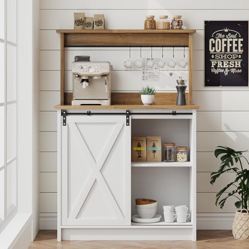 4ever2buy Farmhouse Coffee Bar with Hutch, White Coffee Bar Cabinet with Storage Sliding Barn Door, 31 Inch Buffet Cabinet with 6 Hooks, Coffee Bar Table with Adjustable Shelves for Living Dining Room - color: White, size: 31.5Inch