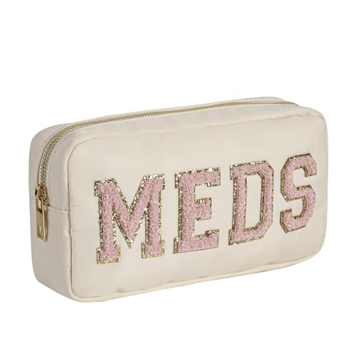 Chenille Letter Patch Nylon Medicine Packages,Cute MEDS Travel Makeup Bag with Metal Zipper, First Aid Purse Organizer Cosmetic Bag for Women and Girls(04Beige-Pink) - color: 04Beige-Pink