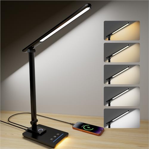 ELECTRI LED Desk Lamp, Touch Desk Light with USB Port, 5 Color & Stepless Dimming, 360° Rotatable ＆ Foldable, Reading Lamp for Table Study Work Office Nail Craft Puzzle(with Adapter) (Black) - color: Black