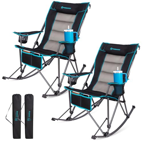 FUNDANGO Oversized Rocking Camping Chair for Adults, 2 Pack High Back Padded Folding Lawn Chairs with Pillows, Wide Armrest, 2 Cup Holders, Carry Bag for Patio Garden Outdoor Supports 440Lbs - color: Black Rockcomfy-2 Pack