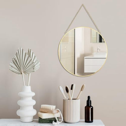 LONGWIN Hanging Wall Circle Mirror Decor Gold Geometric Mirror with Chain for Bathroom Bedroom Living Room 11.8" - size: 11.8"L x 11.8"W