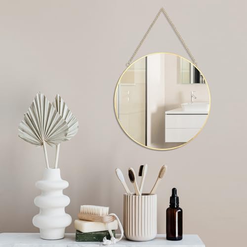 LONGWIN Hanging Wall Circle Mirror Decor Gold Geometric Mirror with Chain for Bathroom Bedroom Living Room 9.8" - size: 12.9"L x 9.8"W