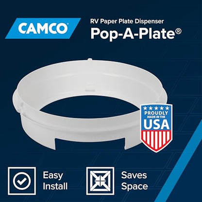 Camco Pop-A-Plate Plastic Plate Dispenser - Measures 10.2" Diameter x 2.6" Tall - Holds 9" Paper Plates - Ideal for Compact Spaces, RVs and Trailers - Mounts Under Cabinets or Shelves - White (57001)