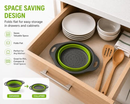 Collapsible Colander Set of 2, Folding Kitchen Strainers, Large & Small Silicone Drain Baskets for Pasta, Fruits and Vegetables