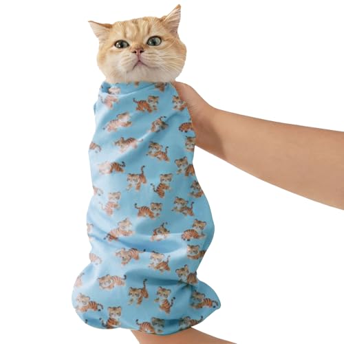 25.6" Cat Grooming Wrap,cat wrap for Cutting Nails,Self-Adhesive cat Swaddle wrap cat Restraint cat wrap Blanket for Medicine, Nail Clipping, Teeth Brushing, Blue Tiger(Within 10lbs) - color: Blue tiger, size: L-25.6in