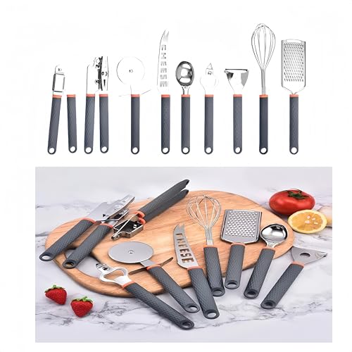 9-in-1 Kitchen Gadgets Set: Whisk, Grater, Ice Cream Spoon, Bottle Opener, Peeler, Cheese Knife, Pizza Cutter, Garlic Press & Can Opener - Space Saving Utensil Organizer for Small Kitchen