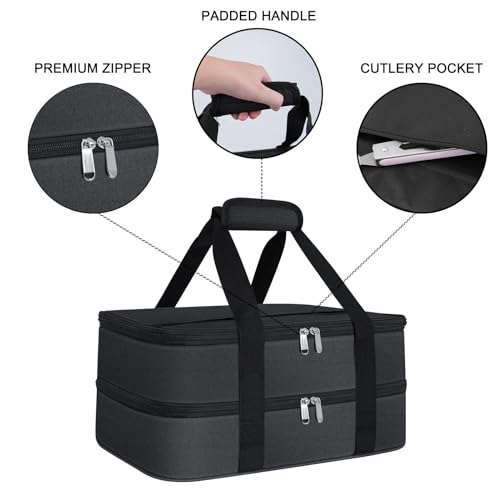 esouler Double Insulated Casserole Carrier Bag Hot & Cold Food Carrier Bag Lasagna Holder Lunch Bag for Picnics, Parties, Travel, Fits 9 x 13 Inches Casserole Dish-Black - color: Black, size: 16x10x7.2 in
