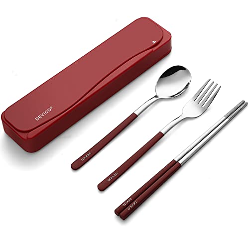 DEVICO Travel Utensils, 18/8 Stainless Steel 4pcs Cutlery Set Portable Camp Reusable Flatware Silverware, Include Fork Spoon Chopsticks with Case (Red) - color: Red