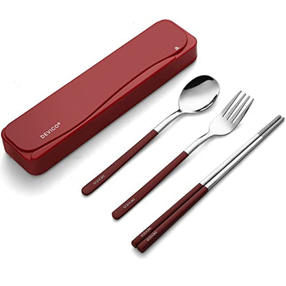 DEVICO Travel Utensils, 18/8 Stainless Steel 4pcs Cutlery Set Portable Camp Reusable Flatware Silverware, Include Fork Spoon Chopsticks with Case (Red) - color: Red