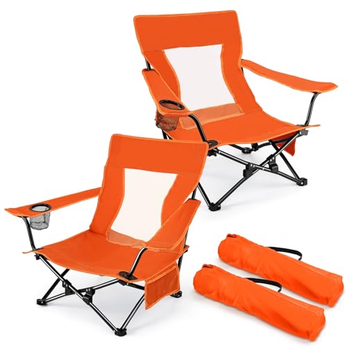 Joyfair Beach Camping Chair (2 Pack), Outdoor Folding Chair for Adults, Heavy Duty Portable Chair for Outside Fishing, Lawn, Sport, Patio, Armrest Cup Holder & Storage Pocket, Carry Bag (Orange) - color: Orange