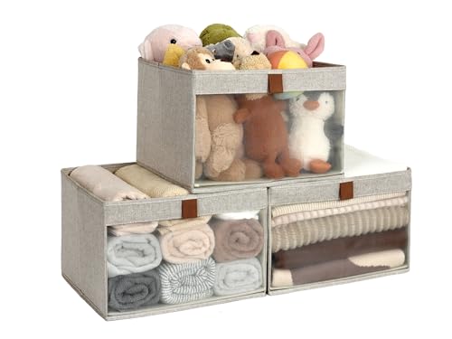 StorageWorks Closet Storage Bins, Extra Large Storage Baskets with Clear Window and Handles, Foldable Fabric Organizer for Clothes, Shelves, Brown and Beige, 3 Pack - color: Brown and Beige, size: 14 ½"L x 14 ½"W x 10 ¼"H