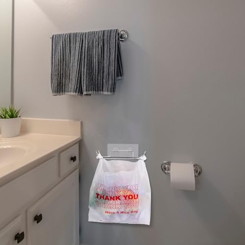 Tandefio 4 Pcs Stainless Steel Trash Bag Holder for Kitchen Cabinet Door and Cupboards with Wall Sticker Base Portable Under Sink Bag Holder for Plastic Bathroom Camper Picnics
