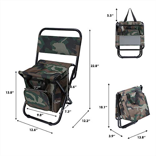 LEADALLWAY Fishing Chair with Cooler Bag Compact Fishing Stool Foldable Small Hunting Chair 12.2" Seat Depth,12.6" Seat Width - color: Green+camouflage