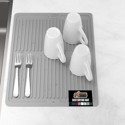 GORILLA GRIP 100% BPA-Free Patented Silicone Dish Drying Mat for Kitchen Counter, Water Catching Ribbed Design, Easy Clean Waterproof Sink Liner, Heat Resistant, Fits Under Rack, 12x16 Inch, Gray - color: Gray, size: 16" X 12", style: Silicone