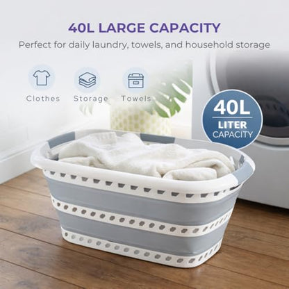 Laundry 360 Collapsible Laundry Basket 40L | Portable | Space Saver Storage | Hold 2 Loads | Store Under the Bed or Closet | Good for Kids | Dorm | Bedroom | Large | White/Grey - size: 1 Pack White 40L
