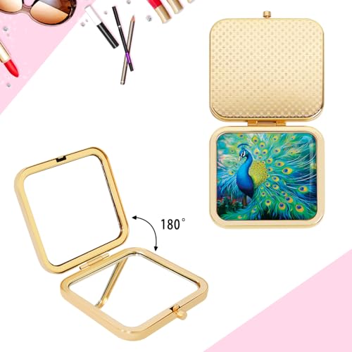 Magnifying Compact Peacock Cosmetic Mirror 2.8 Inch Square Handheld Travel Pocket Makeup Mirror Gold - color: Golden 4