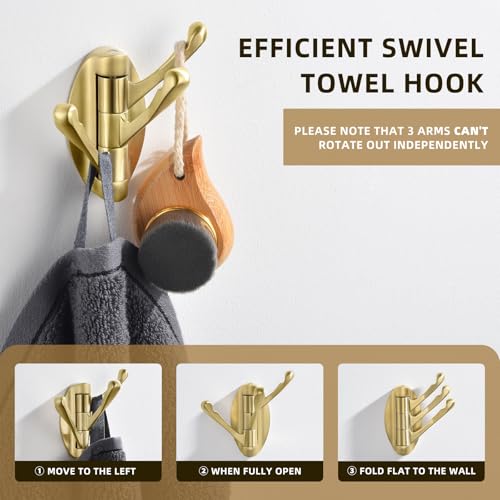 Angle Simple Swivel Towel Hook Brushed Gold 2 PCS, Metal Folding Bathroom Hook, Bath Towel Holder, Heavy Duty Robe Clothes Hanger for Bathroom RV Wall Mount - color: Brushed Gold, size: 2 Pack