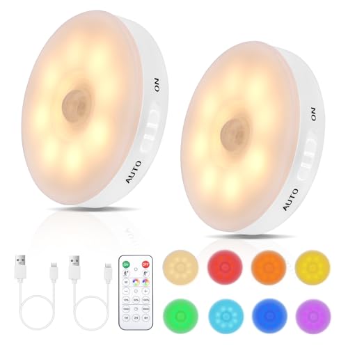 RGB LED Motion Sensor Light Indoor, Bright & Dimmable, Long-Lasting | Rechargeable Battery, Stick-On Puck Night Light with Remote for Closet, Cabinet, Kitchen, Stairs, Shelves - Warm & RGB, 2Pack - color: Warm White & RGB(2 Pack)