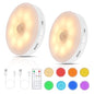 RGB LED Motion Sensor Light Indoor, Bright & Dimmable, Long-Lasting | Rechargeable Battery, Stick-On Puck Night Light with Remote for Closet, Cabinet, Kitchen, Stairs, Shelves - Warm & RGB, 2Pack - color: Warm White & RGB(2 Pack)