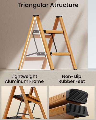 SOLADDER 2 Step Ladder, Folding Step Stool with Anti-Slip Wide Sturdy Pedal, Multi-Use for Home and Kitchen Use, Space Saving-Woodgrain(300lbs Capacity) - color: Woodgrain, size: 2 Step
