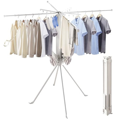 Foldable 4-Legged Clothes Drying Rack, Extra Stable Heavy Duty Laundry Drying Rack with Sock Clips & Shoe Holders, Large Capacity Collapsible Drying Stand for Indoor Outdoor Use