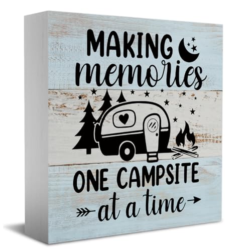 Funny Camping Gifts Desk Decor Wooden Box Sign Camping Camper Accessories Decor Rustic Wood Block Plaque Box Sign for Camper Traveler Home Camper RV Shelf Table Decoration One Campsite at a Time Sign - color: Multi655