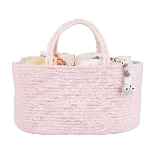 Large Baby Diaper Caddy Organizer for Girl Boy Rope Nursery Storage Bin Basket Portable Holder Tote Bag for Changing Table Car Travel Baby Shower Gifts Newborn Essentials Registry Must Haves Pink - color: Light pink, size: Large