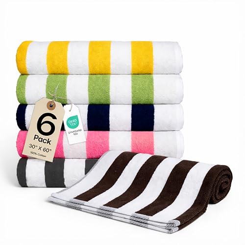 Salt Earth Cotton Striped Beach Cabana Towel, 6 Pack - 30"x60" Quick Dry Towels, Pool Essentials, Travel, Gym & Bathroom Towels, Oversized Beach Vacation Essentials(Multi - Colour/Multipack) - color: Multi - Colour, size: Pack of 6