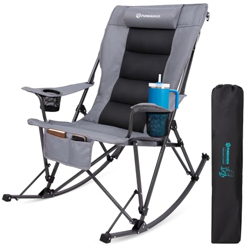 FUNDANGO Oversized Rocking Camping Chair for Adults, High Back Padded Folding Lawn Chairs with Pillows, Wide Armrest, 2 Cup Holders, Carry Bag for Patio Garden Outdoor Supports 440Lbs (Grey) - color: Grey Rockcomfy-1 Pack