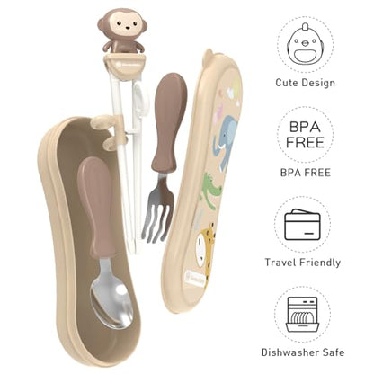 Toddler Utensils Stainless Steel Kids Silverware Set with Kids Training Chopsticks and Baby Spoon and Fork for Self Feeding Learning with Case - color: Brown Brown Brown