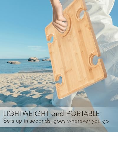 Portable Wine Picnic Table - Foldable Bamboo Snack Tray with Glass & Bottle Holders - Picnic Wine Set for Beach, Camping, Park - Gift for Wine Lovers