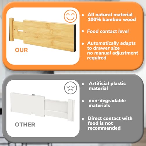 BAMEOS 4" High Bamboo Drawer Dividers - Adjustable Small Drawer Organizer - Kitchen, Dresser, Bathroom, Bedroom & Office - 4-pack - size: 4''H, 10''-12.28''L