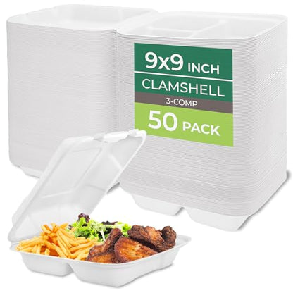 Freshware Clamshell Food Containers with Lids [9x9"] 3-Compartment 50-Pack, Disposable To Go Containers, Biodegradable Sugarcane To Go Boxes - Paper Containers - Microwave & Freezer Safe, Stackable - size: 9 x 9 Inch, 50 Pack