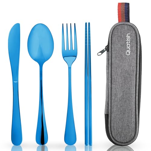 Travel Utensils with Case, Quatish Portable Silverware Set for Work, Stainless Steel Reusable Travel Cutlery, Fork and Spoon Set for Camping, Picnic, Gadgets, Lunch Box for Men, Christmas Gift, Blue - color: Blue