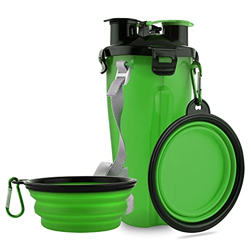 Dog Travel Water Bottle Collapsible Bowls, 2 in 1 Pet Food Container with Collapse Bowls, Outdoor Portable Water Bowls for Walking, Traveling, Camping and Hiking (Green) - color: Green