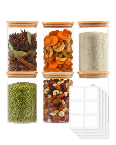 GIRAFFYCO Glass Food Storage Jars with Airtight Lids – Wide Mouth Pantry Containers, Thick BPA-Free Glass, Moisture & Insect Resistant, Customizable Labels Included – 38 oz (Set of 6) - size: Set of 6 - 38 oz