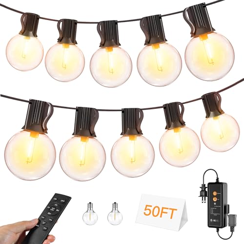 50FT Outdoor String Lights with Remote, 25 + 2 Spare G40 LED Bulbs Plug in Connectable Dimmable Patio Lights, Waterproof Hanging Lights for Patio Porch Garage Cafe - style: 50FT-G40(Remote+Dimmer)