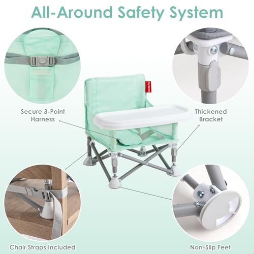 Tiny Marvels Baby Chair, Portable & Foldable for Travel & Beach, Ages 6M-3Y | BPA-Free Material, 3-Point Harness, 3-in-1 Baby Chair, Removable Tray & Carry Bag, Sturdy with Reinforcement, Non-Slip Feet - color: Green