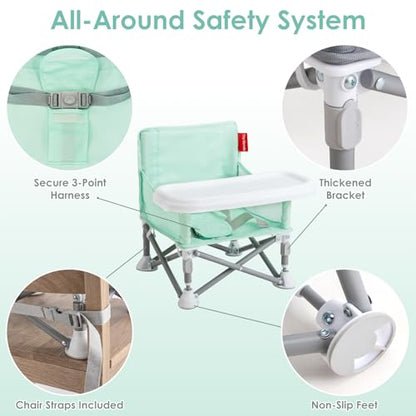 Tiny Marvels Baby Chair, Portable & Foldable for Travel & Beach, Ages 6M-3Y | BPA-Free Material, 3-Point Harness, 3-in-1 Baby Chair, Removable Tray & Carry Bag, Sturdy with Reinforcement, Non-Slip Feet - color: Green