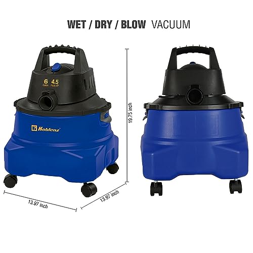 Koblenz WD-6 L212 Wet Dry Vacuum Cleaner, 6 Gallon, 4.5 PHP, 3-in-1 Suction & Blower, 16 ft Reach, Big Cleaner for Car, Shop Vacuum Wet and Dry, Swivel Casters, Black/Blue - size: 6 Gallon 4.5 HP