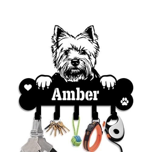 NIWAHO Personalized Dog Leash Holder Wall Mount - Custom West Highland White Terrier Metal Silhouette Sign with Bone Key Hooks, Entryway & Pet Room Organizer Decor - color: West Highland White Terrier