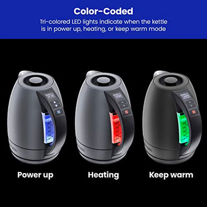 Chefman Electric Tea Kettle, 1.8 Liter Hot Water Electric Kettle Temperature Control Water Boiler with 5 Presets, Tri-Colored LED Lights, Keep Warm, Automatic Shutoff, Grey - color: Grey, style: Stainless Steel
