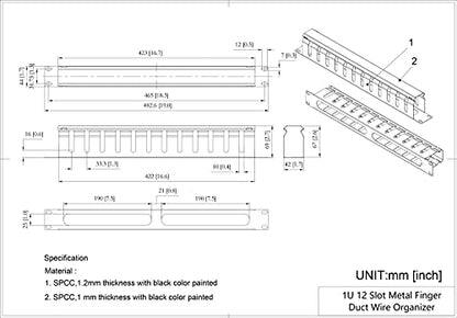 2 Pack- Metal 1U 19 Inch Cable Manager 12 Big Slots Horizontal Rack Mount Wire Organizer Cable Management System with Cover and Mounting Screws for 19" Network Cabinet(1UCM12S2PC)