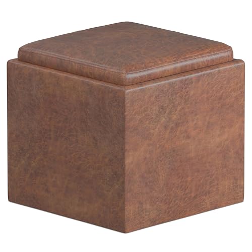 SIMPLIHOME Rockwood Cube Storage Ottoman with Tray - 17" Wide x 17" High Upholstered Vegan Leather Square Storage Ottoman in Distressed Saddle Brown, Contemporary Cube Ottoman with Serving Tray - color: Distressed Saddle Brown