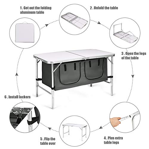 Goplus Folding Camping Table with Storage, Aluminum Outdoor Camp Table with 2-Level Adjustable Height, Lightweight Portable Foldable Picnic Table for Tailgating Beach BBQ Party RV
